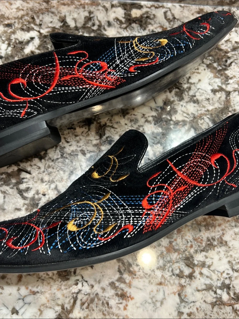 Black Embroidered Slip-On Loafers with Gold, Red & Blue Accents